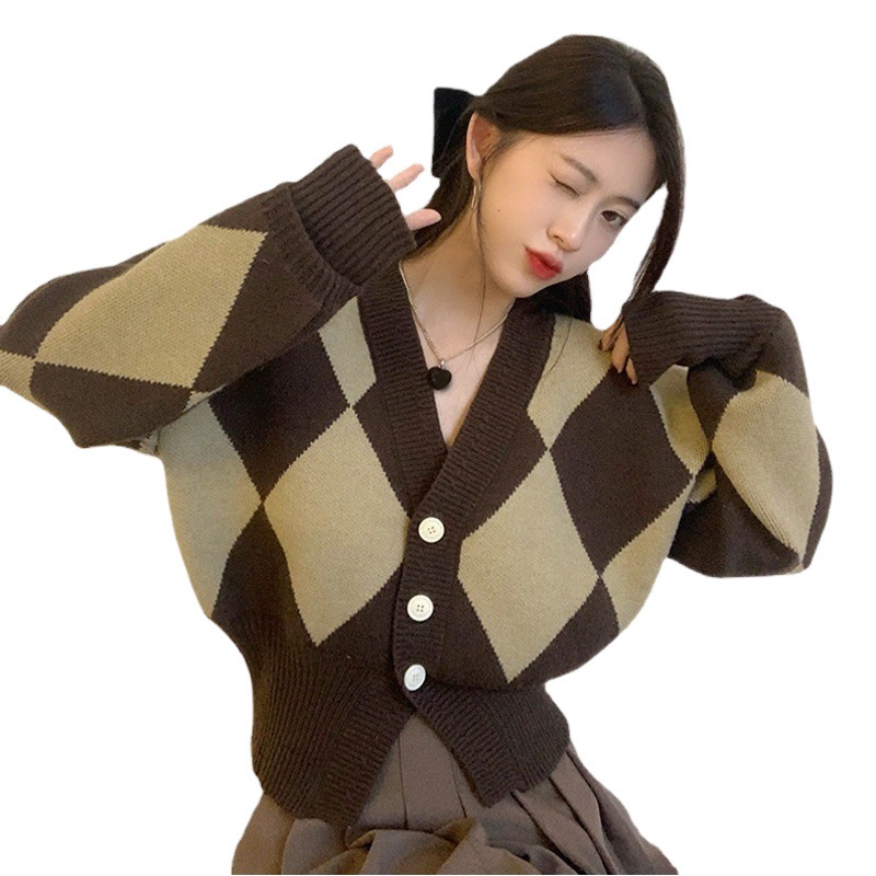 Plaid Contrast Color Sweater Cardigan Early Spring Autumn 2024 New Explosions Women's Loose V-Neck Long Sleeve Knitted Top