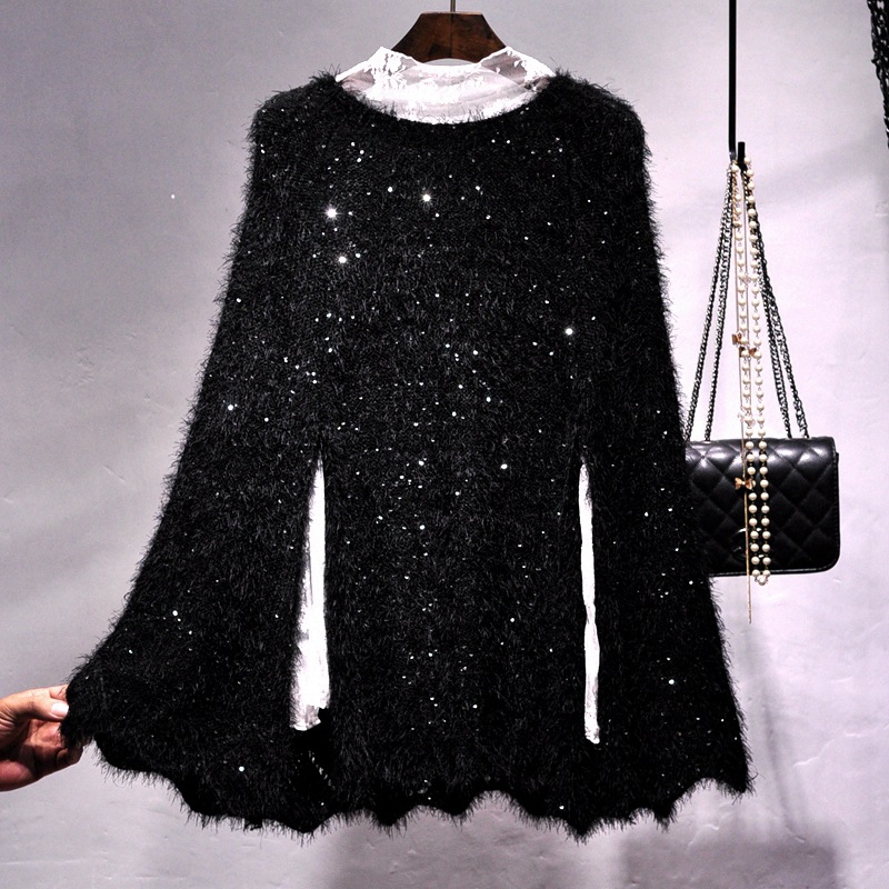 Han En's Autumn and Winter BINGBING Flash Pullover Thickened Wool Knitwear Loose Sequin Sweater Shawl Poncho Women