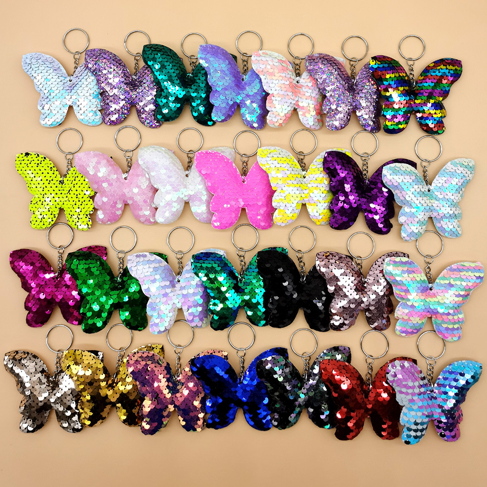 Cross-border e-commerce fish scale PET sequins butterfly keychain women's bag pendant reflective glossy clothing accessories