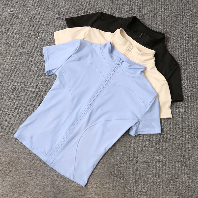 Yoga Clothing Women's Tight T-shirt Sports Short-sleeved Running Training Pilates Collar Zipper Fitness Clothing Coat Spring and Summer