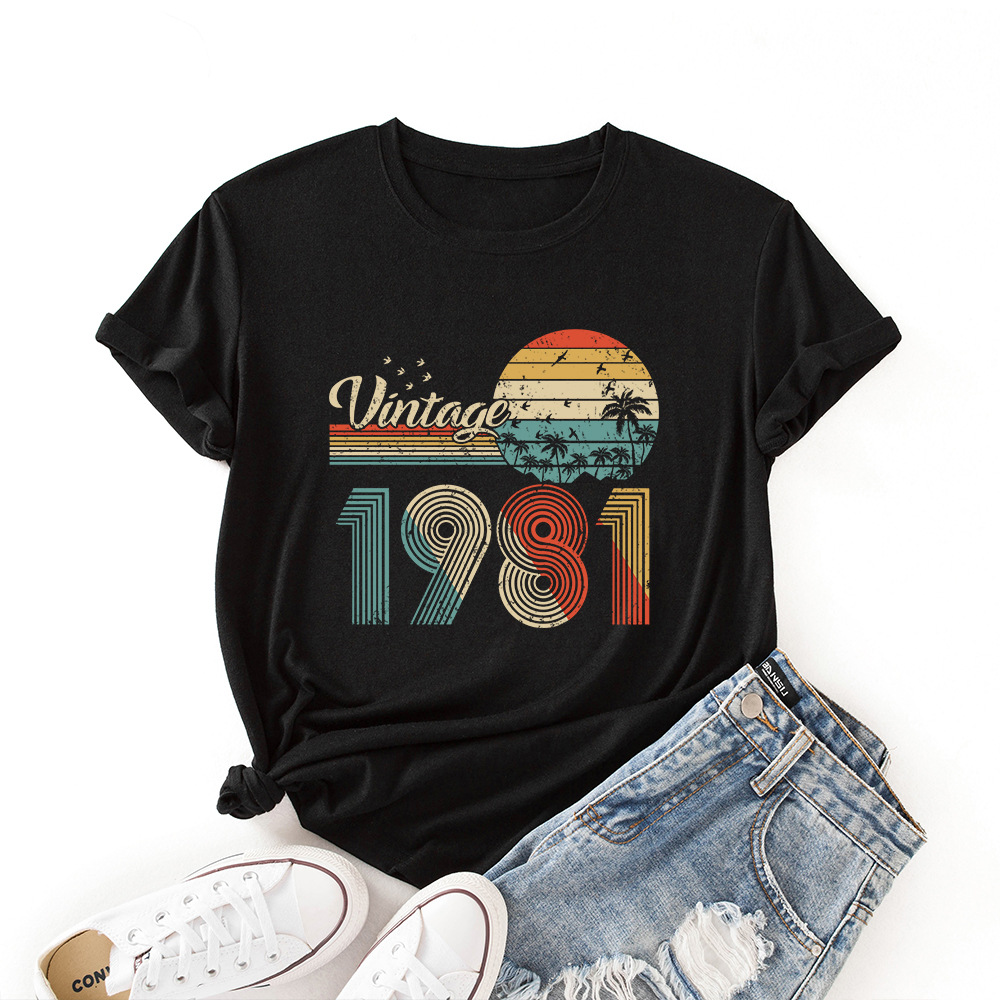 in stock independent station Amazon Wal-Mart foreign trade new 1981 coconut sunset pattern loose short sleeve T-shirt
