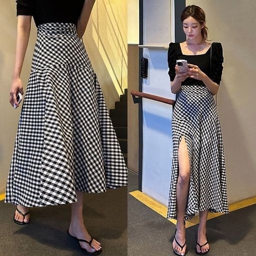 Korean Spring and Summer New High-Waisted Elegant Slit Plaid Flared Skirt Houndstooth Versatile Midi Skirt
