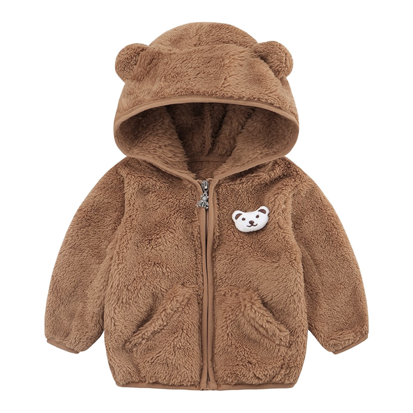 European and American Spring, Autumn and Winter Bear Long-Sleeved Pure Color Hooded Zipper Shirt Jacket for Boys and Girls Kidsren's Clothing Ins