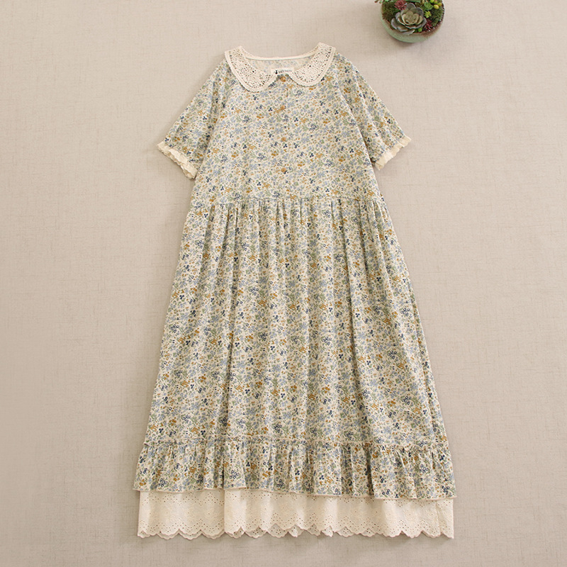 Picture of Japanese Mori Girl Artistic Floral Doll Collar Short-Sleeve Dress Loose Versatile Half-Open Plaid Lace Hem Long Dress