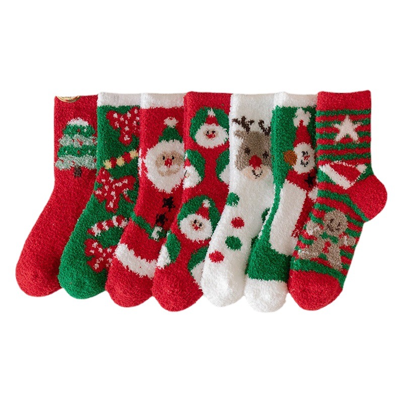 2022 New Christmas Socks Women's Coral Fleece Mid-length Socks Autumn and Winter Warm Thickened Red Socks Sleeping Floor Socks