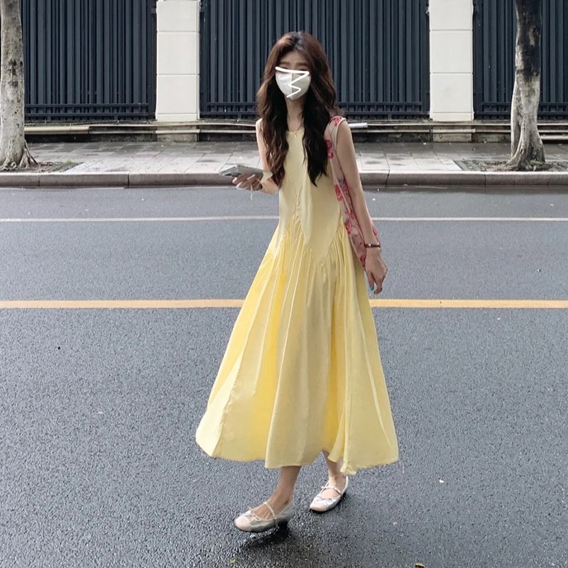 French Style Elegant Sleeveless Vest dress Light Yellow Women's Clothing Summer Dopamine Sweet Age-reducing A- line Long Skirt