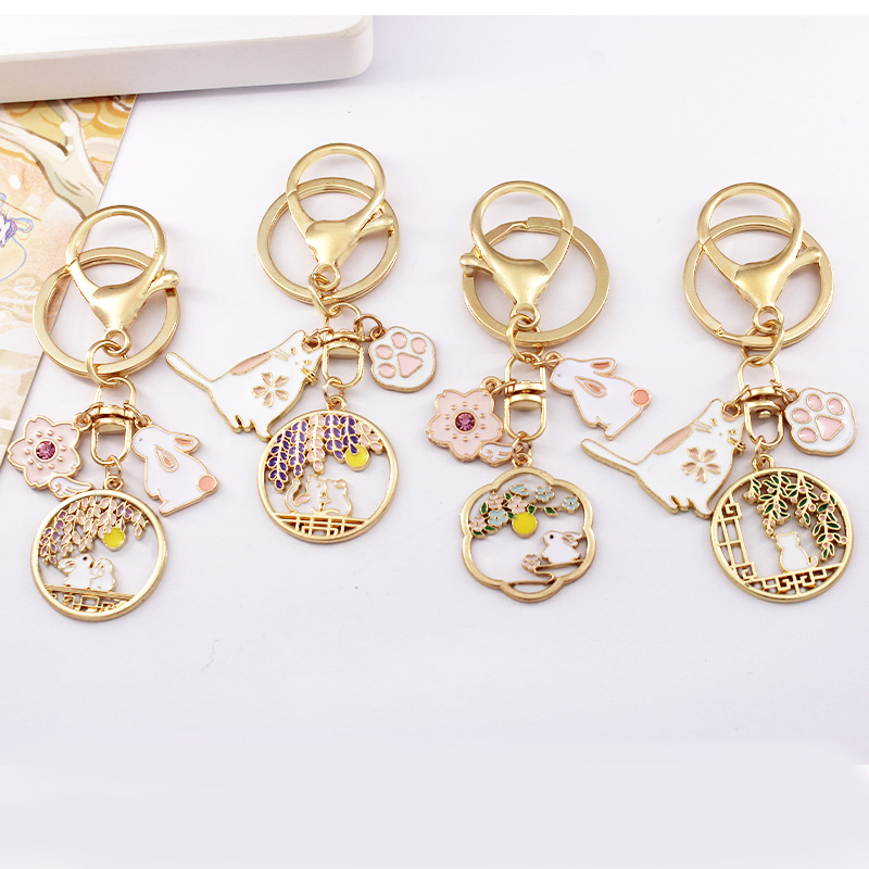 Japanese Cherry Blossom Love Cat Rabbit Alloy Keychain Pendant Flower Blossom Cat Tag Accessories Headset Hanging Accessories
