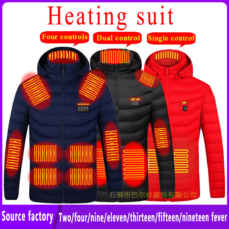 New smart heating cotton jacket for men and women USB charging heating hooded outdoor padded jacket warm heating clothing