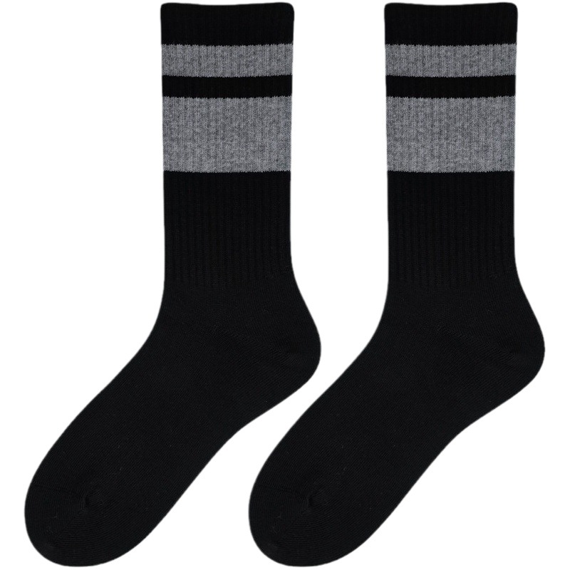 Zhuji Men's Socks for Spring and Summer, Mid-Calf Socks with Black and White Stripes, Odor-Resistant, Sweat-Absorbent, Breathable, Sporty, Japanese Style Trendy