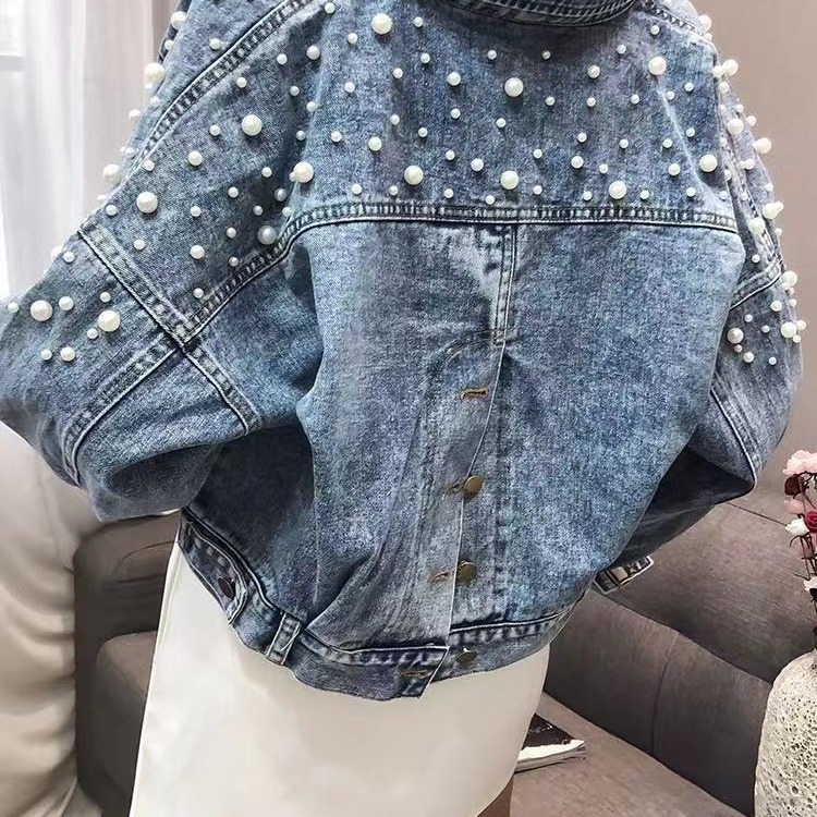 2022 Spring New Heavy Industry Beaded Denim Coat Women's Short Slim Split All-match Bat Sleeve Loose Top