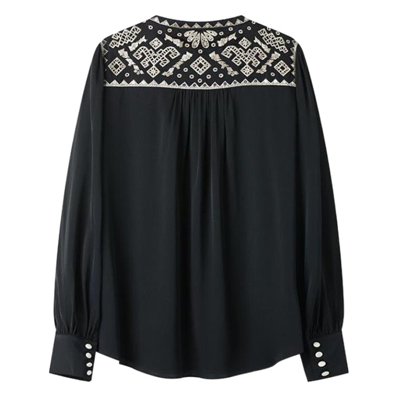 Real Shot Thin Satin Shirt New Early Autumn Women's French Elegant Slim plus size Shirt Embroidered Top