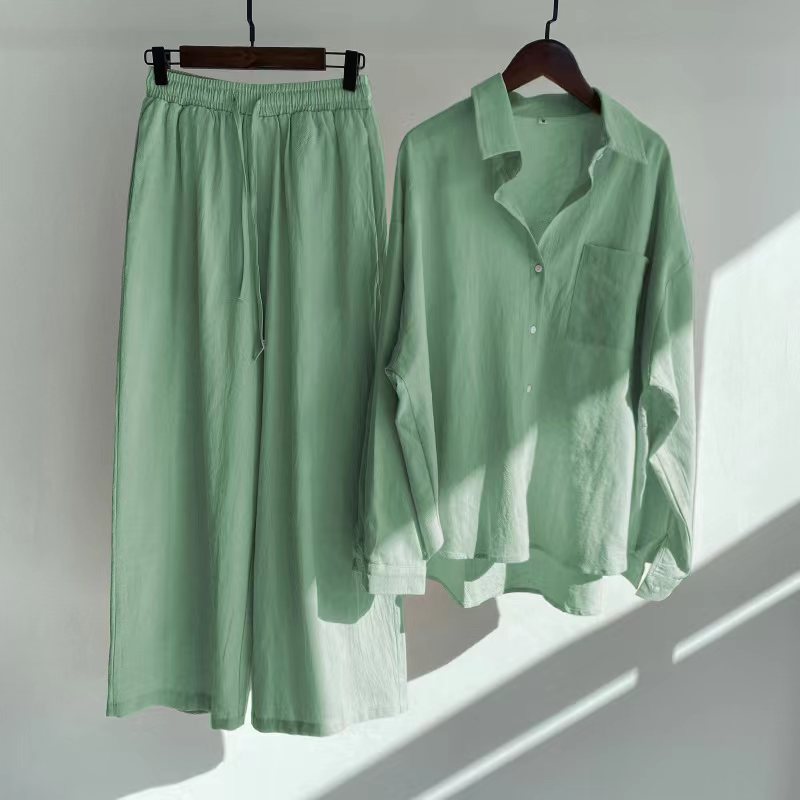 Picture of Cross-border Amazon Women's 2-piece Vintage Plus Size 2022 Cotton and Linen Shirt suit High Waist Loose Trousers