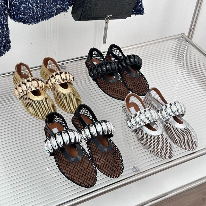 Metal Buckle Mesh Mary Jane Shoes Women's 2024 Summer New Fashionable Flat Comfortable Ballet Dancing Shoes