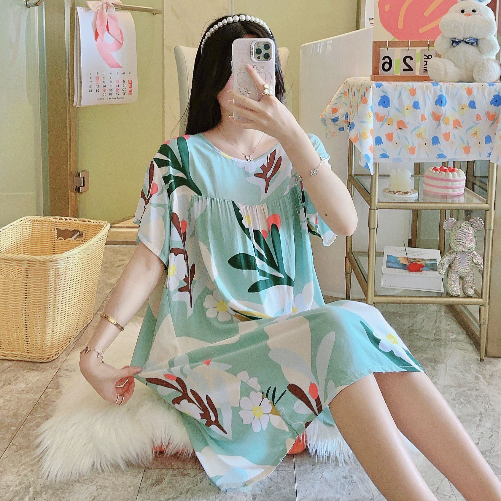 Picture of Cotton Silk Nightgown Women's Spring and Autumn Summer Thin Pajamas Korean Sweet Girls Online Celebrant Live Explosions Home Outwear Skirt