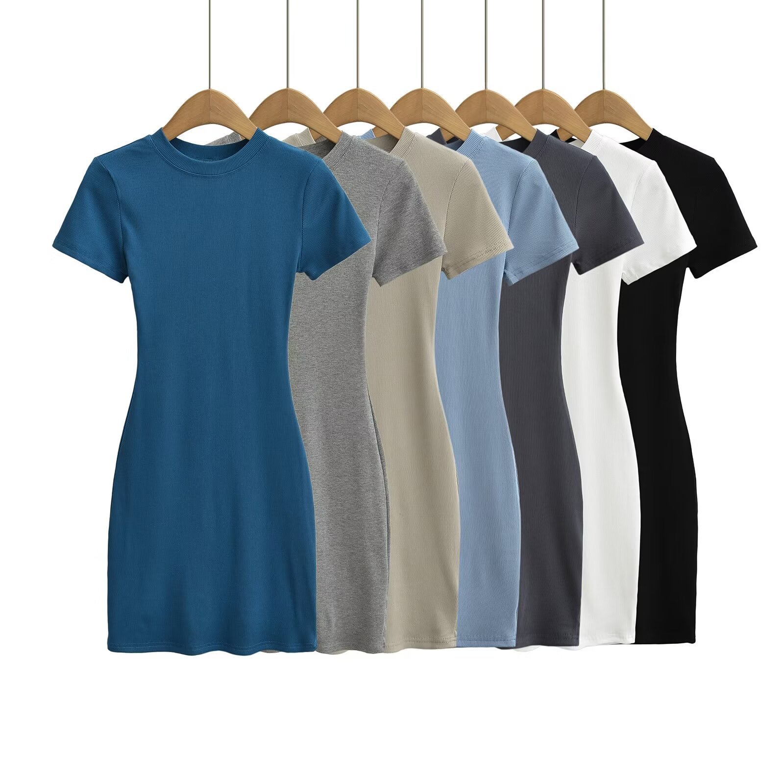 Summer new small round neck short sleeve elastic tight thread cotton dress slim slimming sheath skirt all-matching