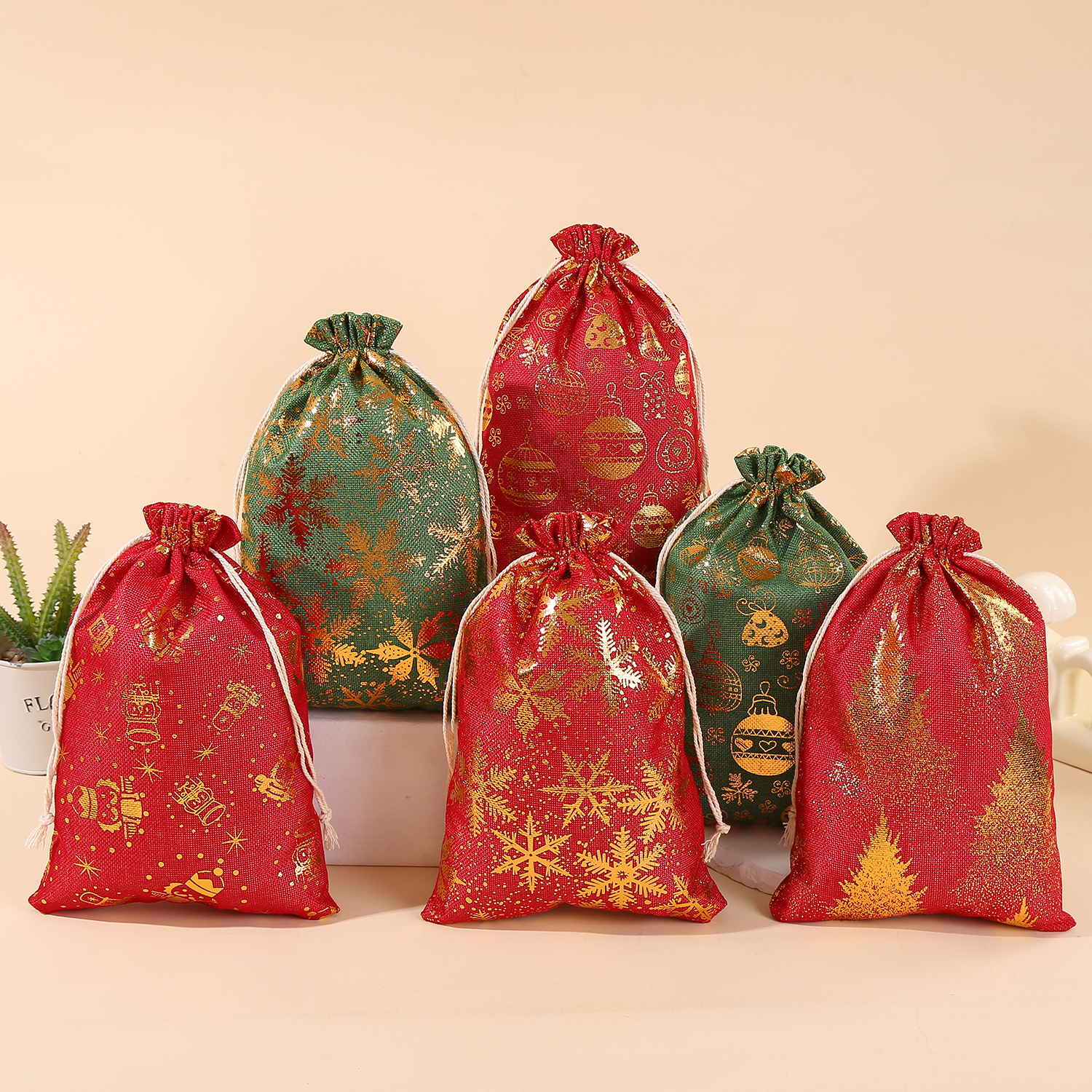 Cross-border Amazon bronzing Christmas cotton and linen bundle pocket Christmas gift gift bag decorations Christmas bag