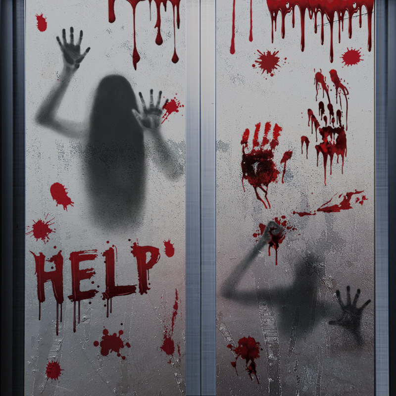 Halloween Shopping Mall Window Ghost Scary Stickers Amazon Popular Halloween Party Decoration Blood Handprint Static Stickers