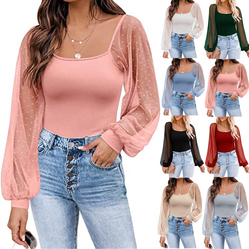 2025 European and American Amazon Summer New Women's Fashion Perspective Lantern Sleeve Stitching Slim Top Women