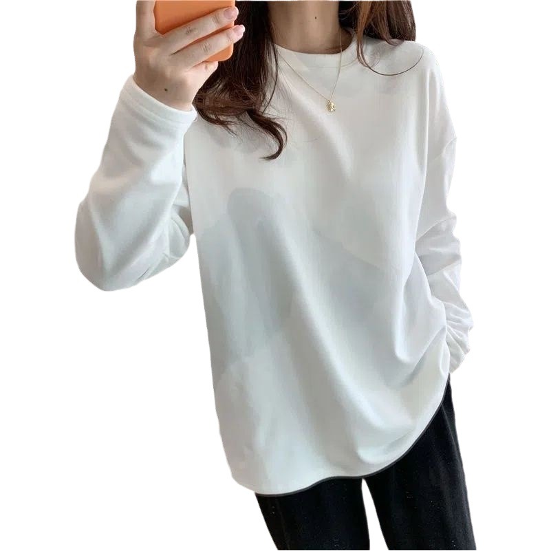 Warm Thickened Double-Sided Velvet Crewneck White Base Shirt Women's fleece-lined Autumn and Winter Sanding Inner Loose Mid-Length T-Shirt