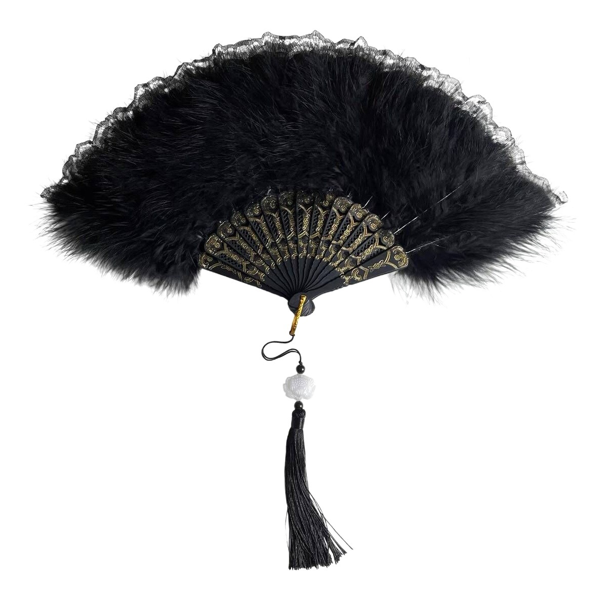 Ancient feather fan cheongsam women's catwalk folding fan Chinese clothing new year black lace fan dance fan retro Chinese style