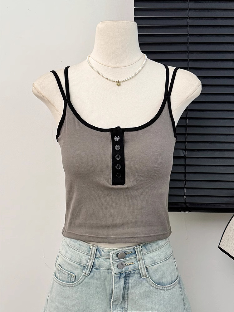 Pure Desire Style Cross Back Button Camisole for Women, Summer Slim Fit Versatile Short Top with Chest Pad 1033