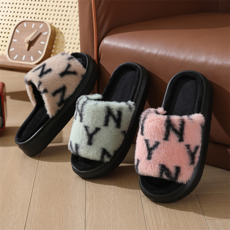Cross-border New Autumn Mao Mao Slippers Women's Wholesale Thick Bottom Opening Household Indoor Non-slip Home Plush Cotton Slippers