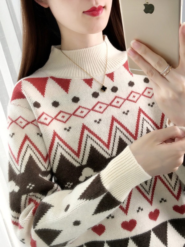 Picture of 2024 New Autumn and Winter Half Turtleneck Fleece-Lined Thickeneded Women's Sweater Fashionable Jacquard Contrast Color Knitted Bottoming Shirt