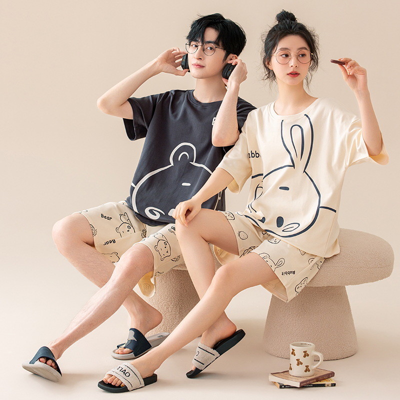 Couple Pajamas Summer Pure Cotton Men's and Women's Summer 2025 New Summer Short-Sleeved Cartoon Hand Home Clothes Set