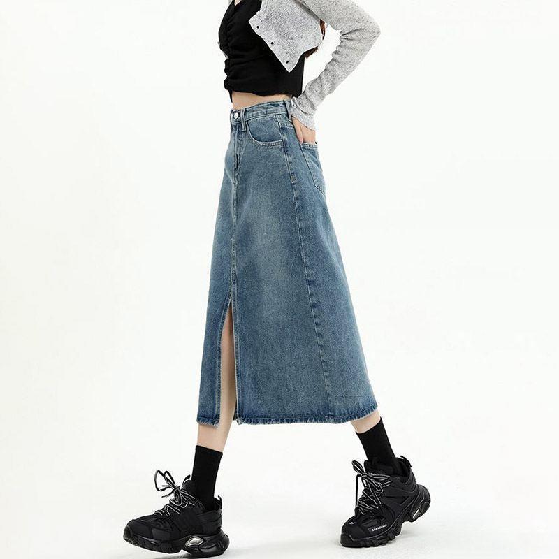 Vintage Blue Denim Skirt Women's Summer 2024 New High Waist Slimming Split Mid-length Hip A- line Skirt