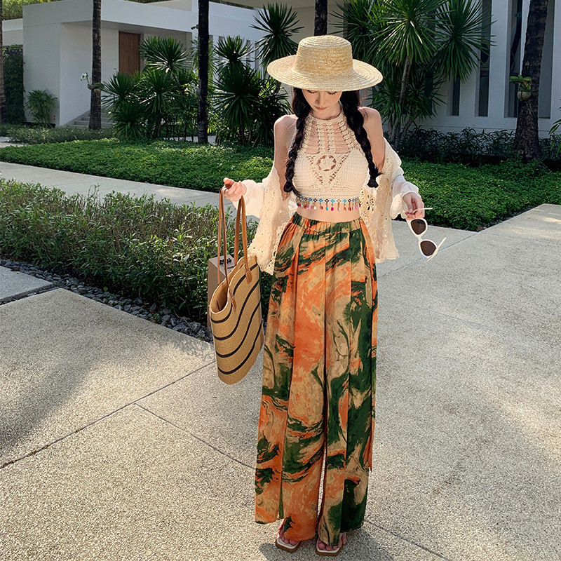 Bohemian Beach Culottes Women's Summer Tropical Style High Waist Split Dipped Pants Loose Wide-leg Pants Trousers