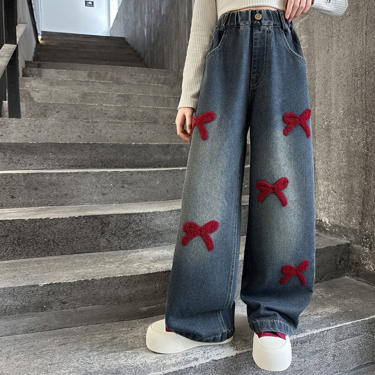 Picture of Girls' Spring Jeans 2025 New Korean Style Middle and Big Children's Fashionable Towel Embroidered Wide Leg Pants Trendy Trousers