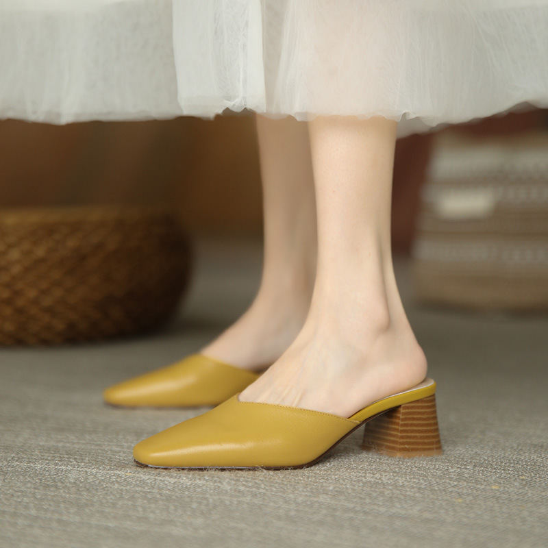 Vintage Chick-heeled Half Slippers Women's Summer New Mid-heeled All-match Square-heeled Sandals and Slippers with No Heel Muller Shoes for Outer Wear