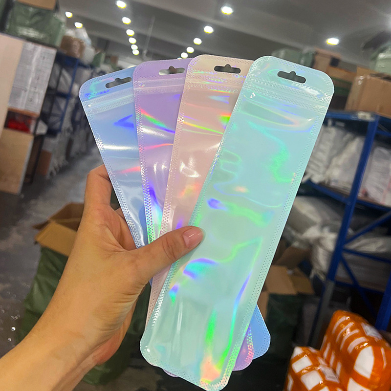 Colorful Laser Plastic Bags for Nail Art, Nail Strips, Long Plastic Bags, Self-Sealing Bags, Colorful Wearable Nail Packaging Bags