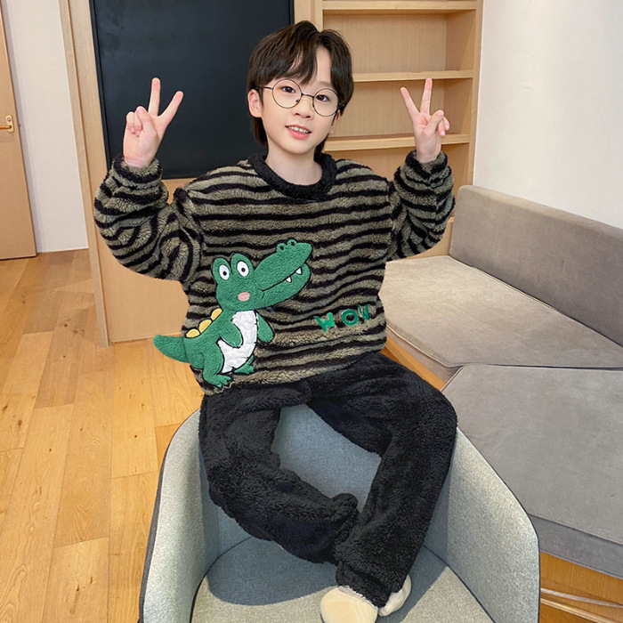 Picture of Autumn and Winter Plush Children's Pajamas Boy's Cute Cartoon Thickened Warm Coral Fleece Children's Home Clothes