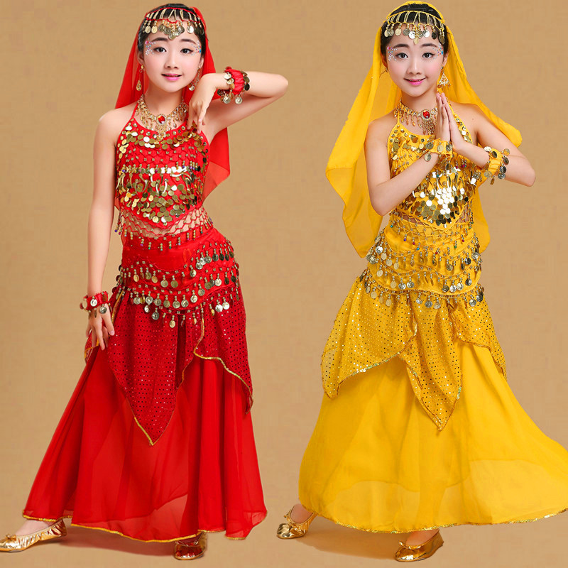 Children's Dance Clothing Indian Dance Performance Ethnic Xinjiang Dance Kidsren's Belly Dance Highlight Skirt Practice Performance Clothing Set