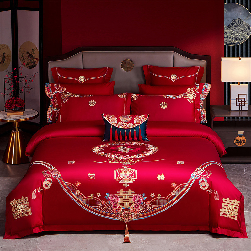 Picture of High-End 120S Pure Cotton Long-Staple Cotton Wedding Four-Piece Set New Chinese Style Dragon and Phoenix Embroidery Wedding Red Bedding