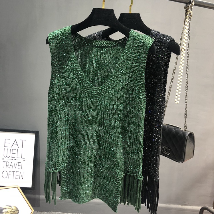 Picture of Spring and Autumn New All-match Hollow-out Knitted Sequin Vest Loose Sleeveless bingbing Internet Popular Ins Top