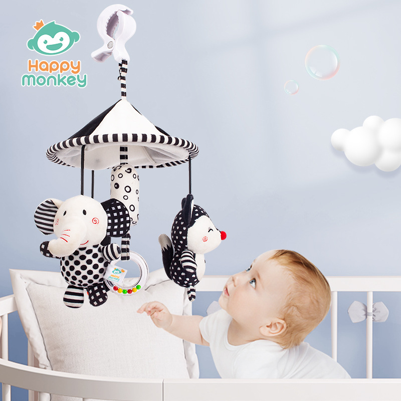 Happy Monkey Newborn Black and White Chasing Training Bed Bell Rotatable Wind Chime Stroller Hanging Bed Hanging Toy