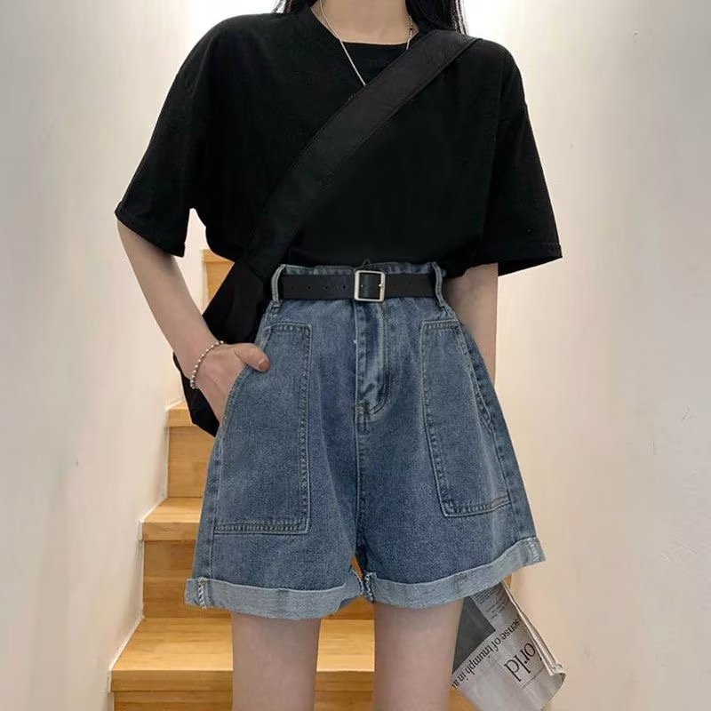 Summer Korean Style Ins Retro High Waist Roll-up Denim Shorts Women's Loose All-match Slim-fit Wide-leg Hot Trousers