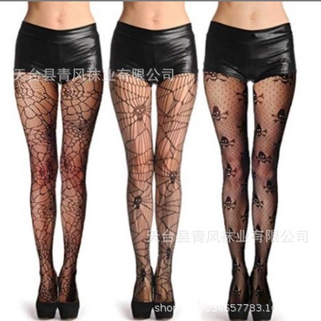 European and American Skull Black Silk Fishnet Stockings Women's Pantyhose European and American Sexy Halloween Fishnet Stockings Ins Trendy