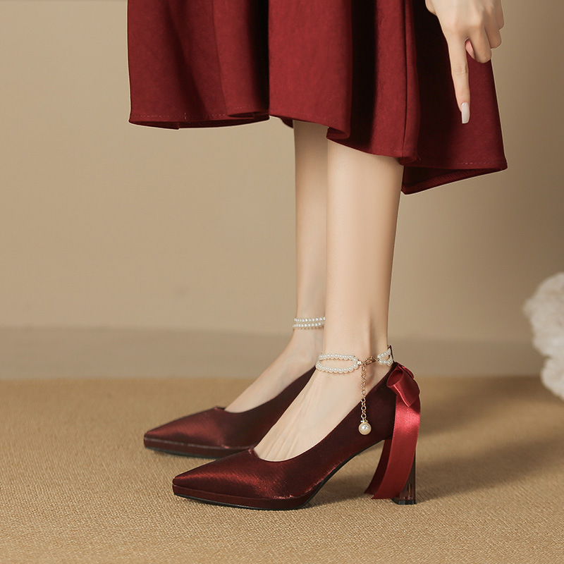 Picture of 8066-7 Temperament French Suede Pointed Thick Heel Women's Bow Pearl Platform High Heel Shoes