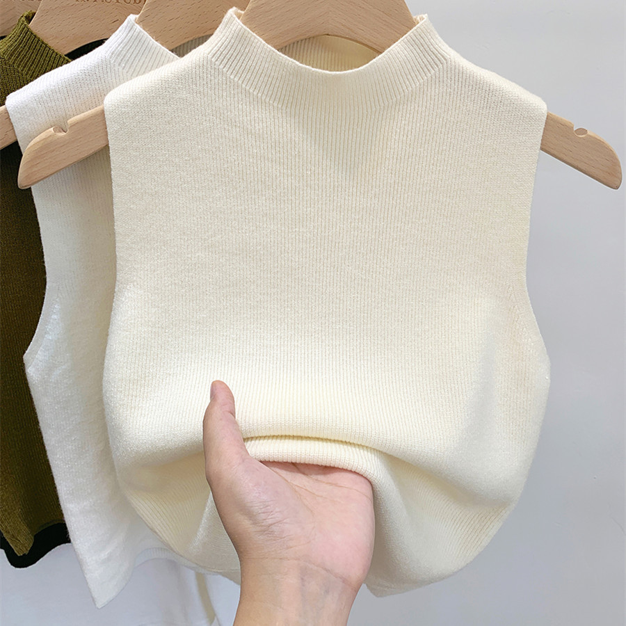 Elegant inner half turtleneck knitted camisole 2023 spring and summer short sleeveless top outer wear bottoming shirt for women