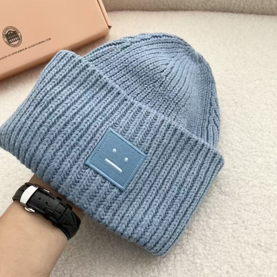 AC Smiley Hat Square Label Curled Wool Nordic Style Cold Hat Korean Style Couple Wool Hat high quality Cold Hat