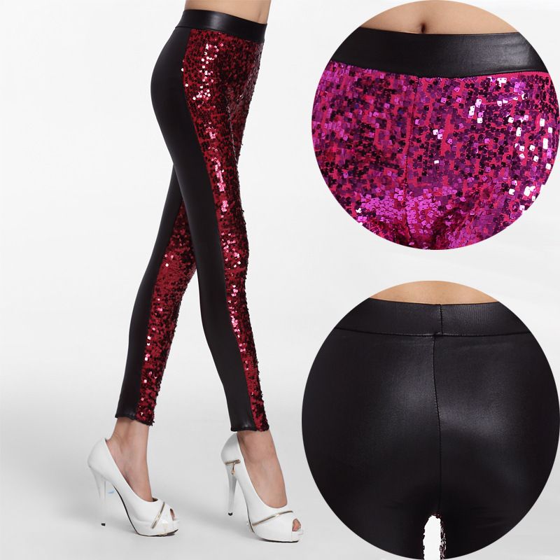 Picture of European and American spring new high waist faux leather pants stage performance Women's fashion high waist sequined leggings cropped pants