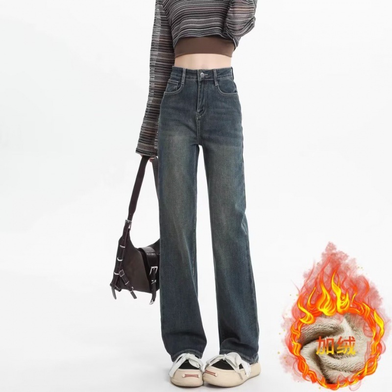 Straight Leg Jeans Women's New Autumn and Winter 2024 High Waist fleece-lined Slimming Cement Grey Small Narrow Wide Leg Pants