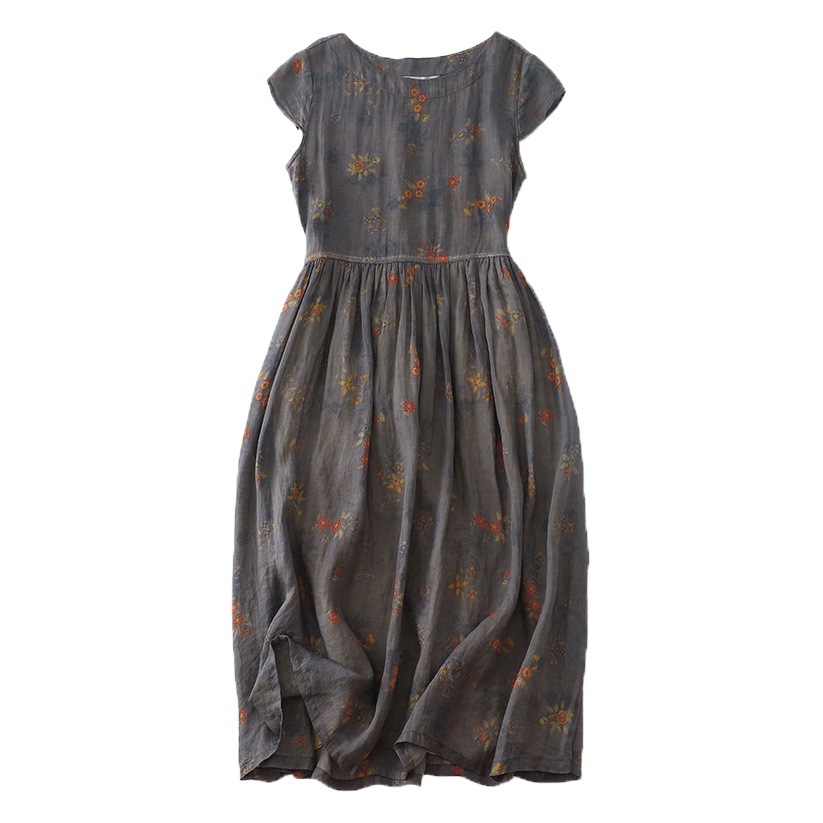 2024 Summer new retro printed lazy style cotton and linen dress artistic loose round neck short sleeve temperament dress
