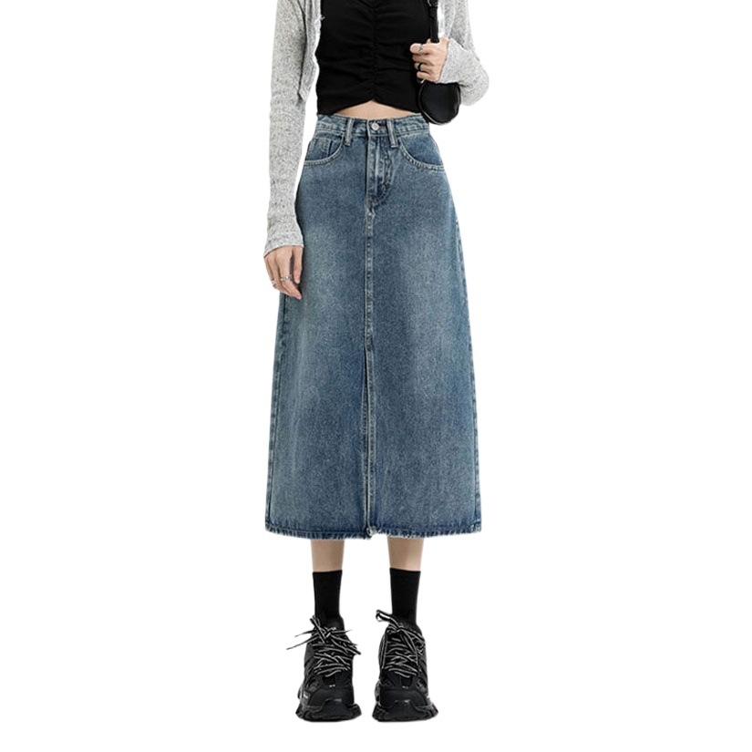 Retro Denim skirt straight high waist Denim skirt women's front slit A- line hip pear-shaped midi skirt