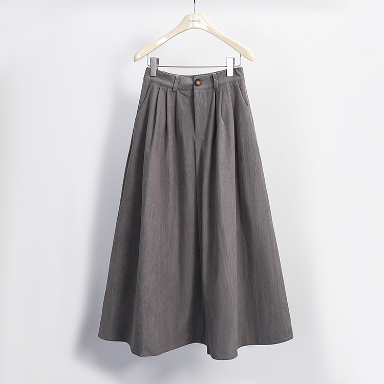 Picture of Maillard Retro Corduroy Skirt for Women, Autumn and Winter Khaki Casual Style with Belt, Mid-Length Pleated A-Line Skirt