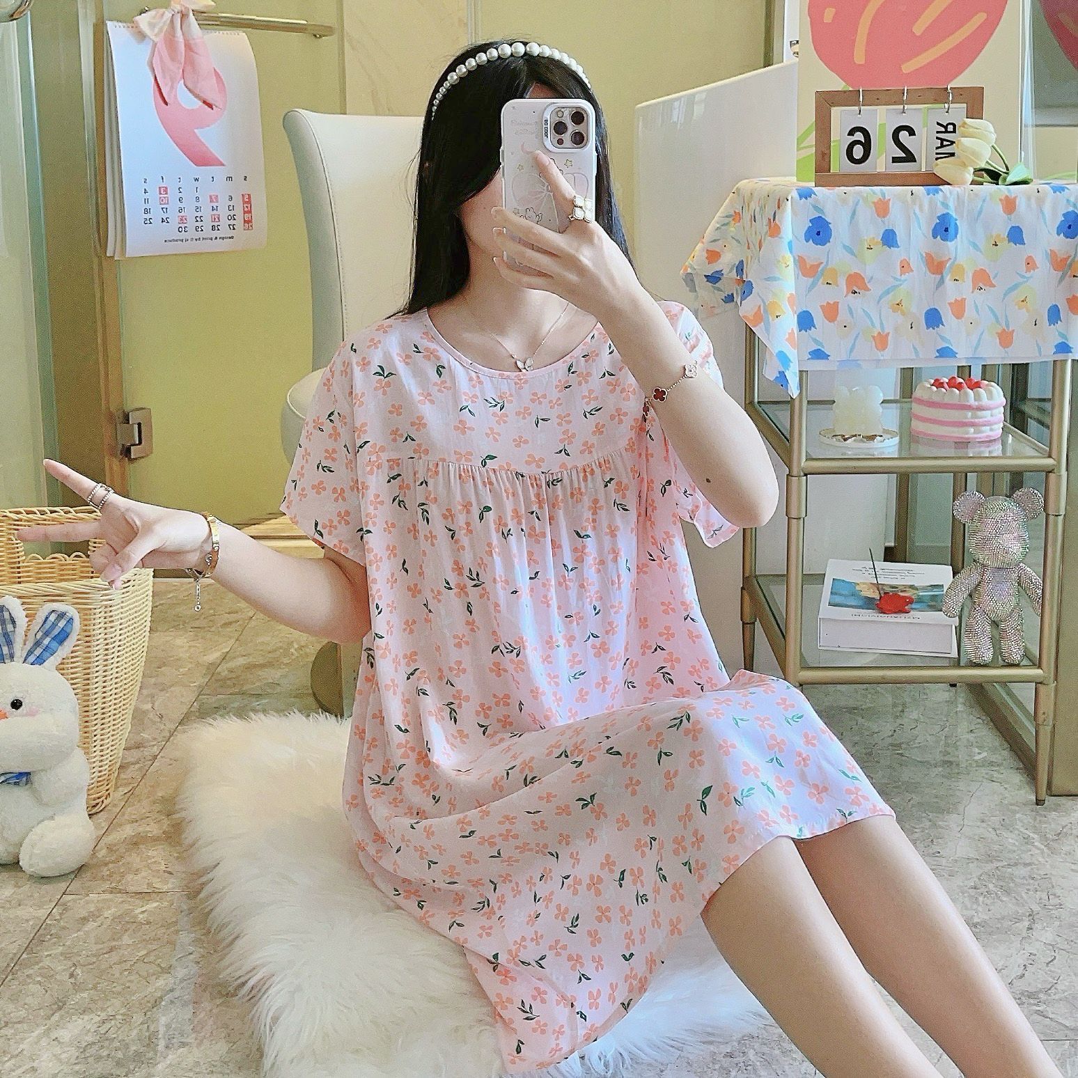 Picture of Cotton Silk Nightgown Women's Spring and Autumn Summer Thin Pajamas Korean Sweet Girls Online Celebrant Live Explosions Home Outwear Skirt
