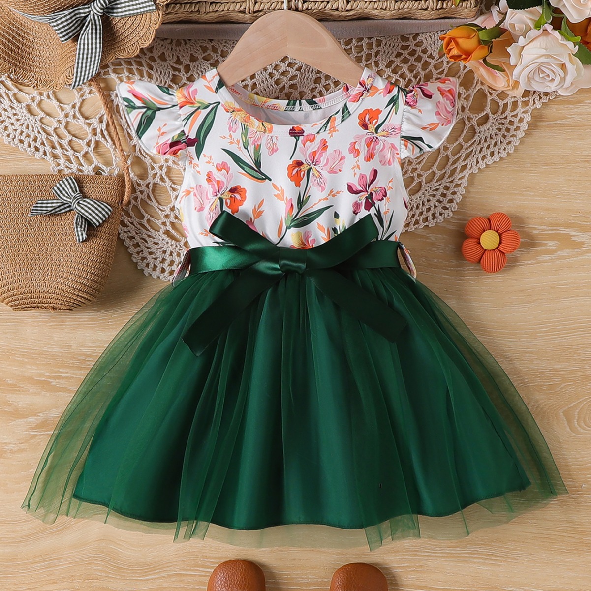Summer 2024 baby girl flower print stitching mesh belt dress one-piece delivery